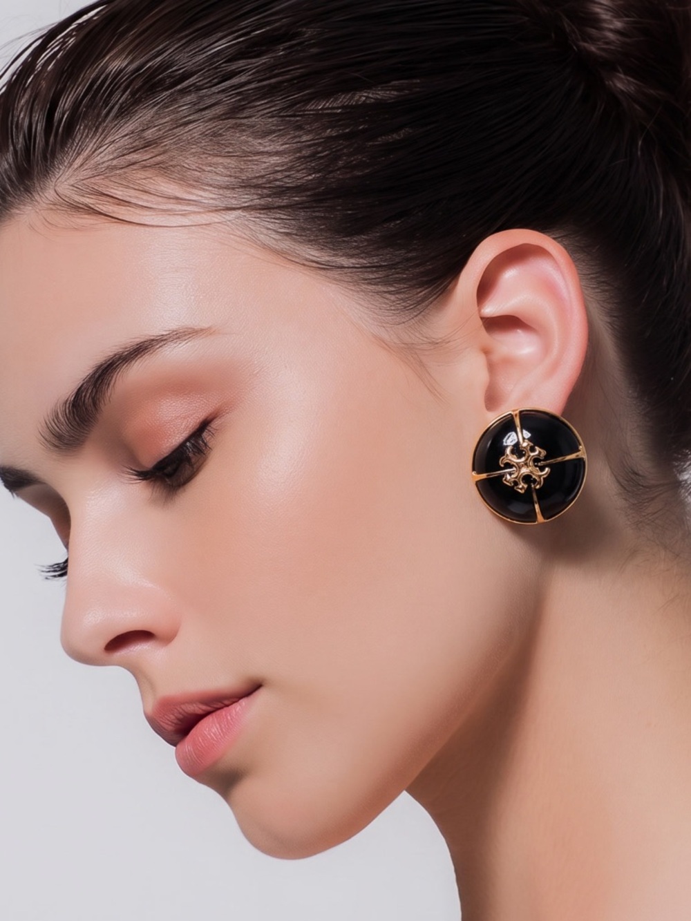 Tory Burch Black Brass and Gold Stud Earrings.